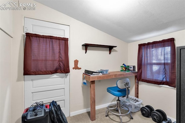 carpeted home office with vaulted ceiling and a textured ceiling