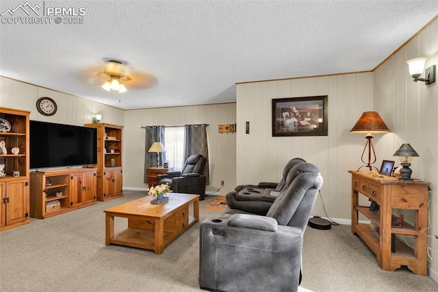 living room with light colored carpet and a textured ceiling