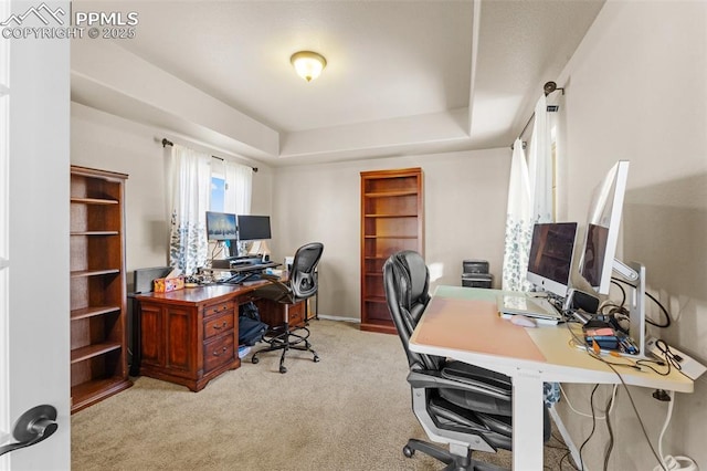 carpeted office featuring a tray ceiling