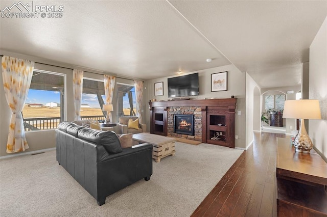 living room featuring hardwood / wood-style flooring and a stone fireplace