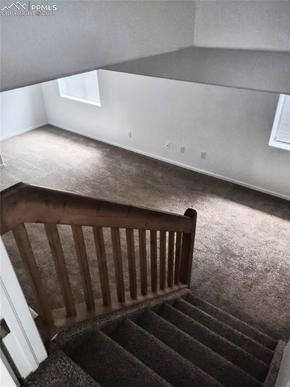 staircase featuring vaulted ceiling and carpet