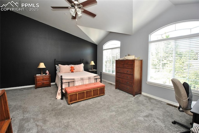 carpeted bedroom featuring ceiling fan and lofted ceiling