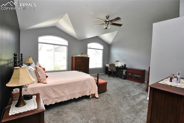 carpeted bedroom featuring vaulted ceiling and ceiling fan