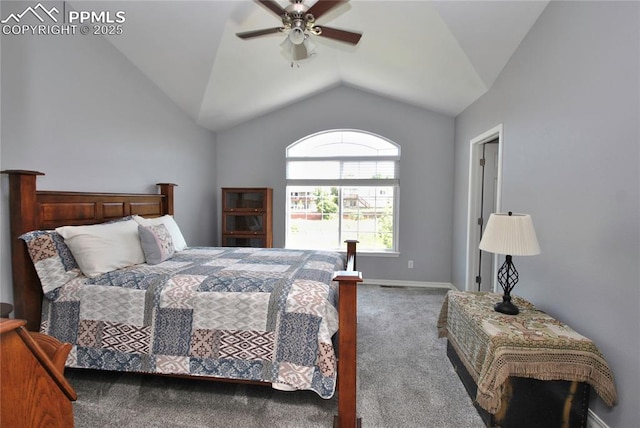 bedroom with vaulted ceiling, ceiling fan, and carpet flooring