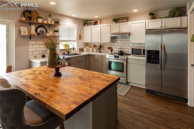 kitchen featuring sink, dark wood-type flooring, butcher block counters, white cabinetry, and stainless steel appliances