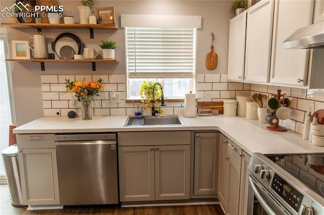 kitchen with tasteful backsplash, white cabinetry, appliances with stainless steel finishes, and sink