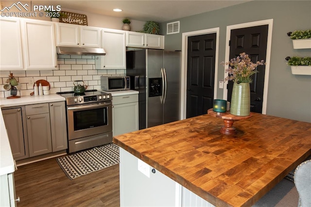 kitchen featuring dark wood-type flooring, white cabinetry, wooden counters, stainless steel appliances, and decorative backsplash