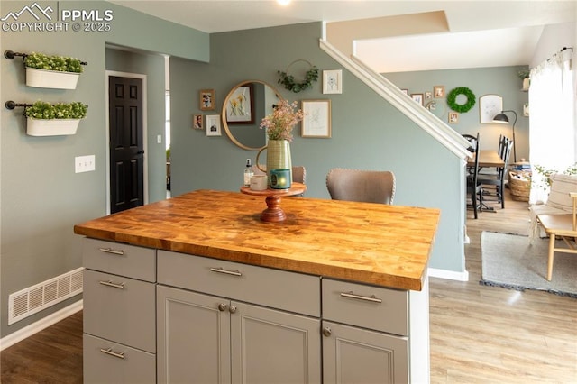 kitchen with wood counters, gray cabinets, and light wood-type flooring