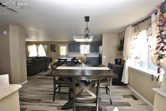 dining room with light hardwood / wood-style flooring and a textured ceiling