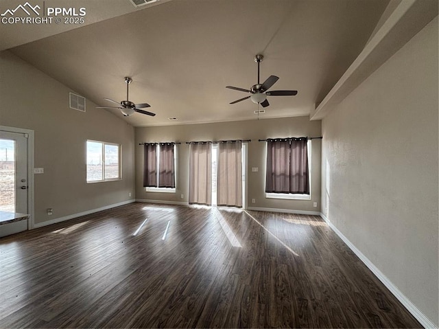 spare room featuring ceiling fan, dark hardwood / wood-style flooring, and high vaulted ceiling