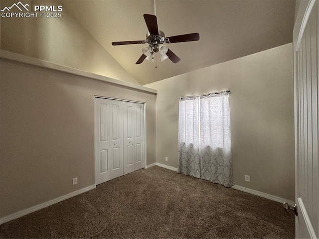 unfurnished bedroom featuring ceiling fan, lofted ceiling, carpet flooring, and a closet