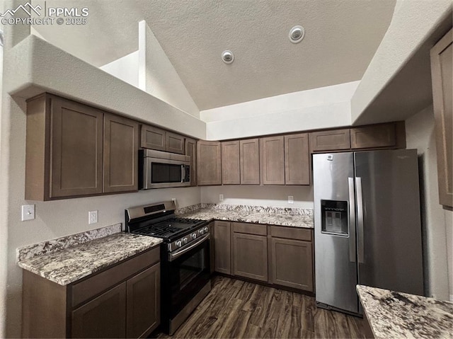 kitchen featuring lofted ceiling, stainless steel appliances, dark hardwood / wood-style flooring, and light stone countertops