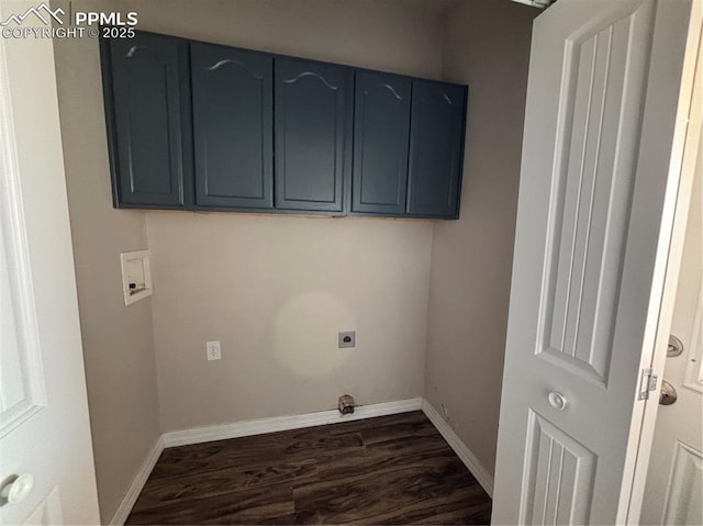 washroom with dark hardwood / wood-style flooring, cabinets, hookup for a washing machine, and hookup for an electric dryer