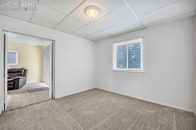 spare room featuring a paneled ceiling, a healthy amount of sunlight, and carpet floors