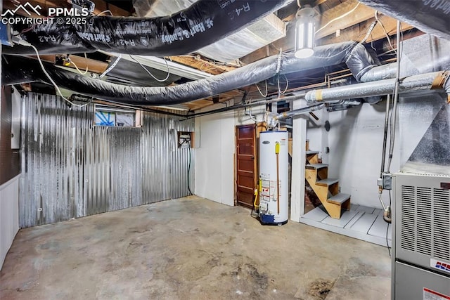 basement with heating unit and water heater