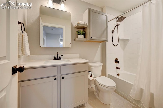 full bathroom with shower / bathtub combination with curtain, vanity, tile patterned flooring, and toilet