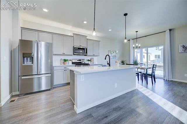 kitchen with sink, gray cabinets, an island with sink, pendant lighting, and stainless steel appliances