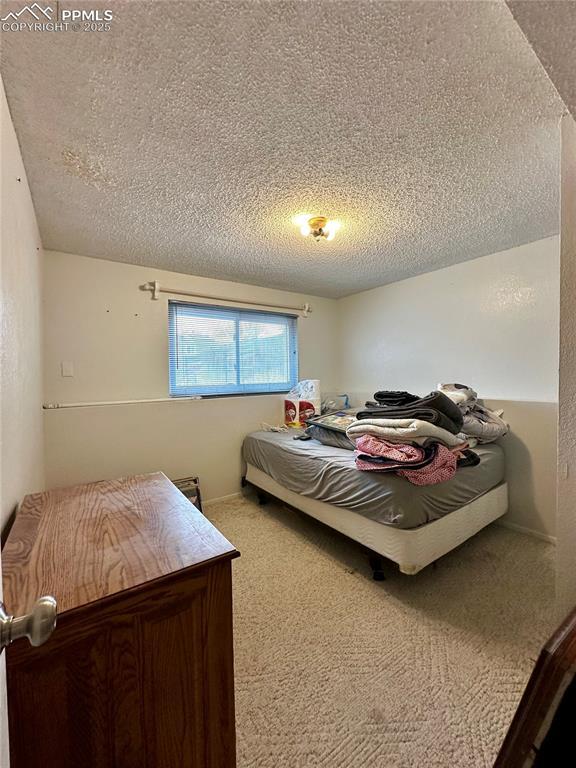 bedroom featuring carpet and a textured ceiling