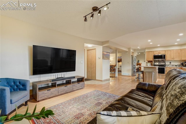 living room with light hardwood / wood-style floors and a textured ceiling