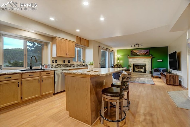 kitchen with stainless steel dishwasher, sink, a kitchen island, and light hardwood / wood-style flooring