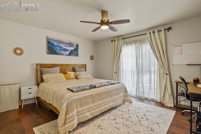 bedroom with access to exterior, dark hardwood / wood-style floors, and ceiling fan