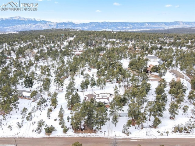 snowy aerial view with a mountain view