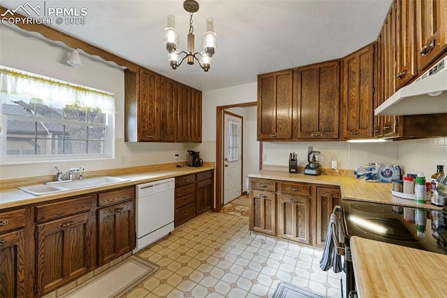 kitchen featuring decorative backsplash, white dishwasher, sink, and hanging light fixtures