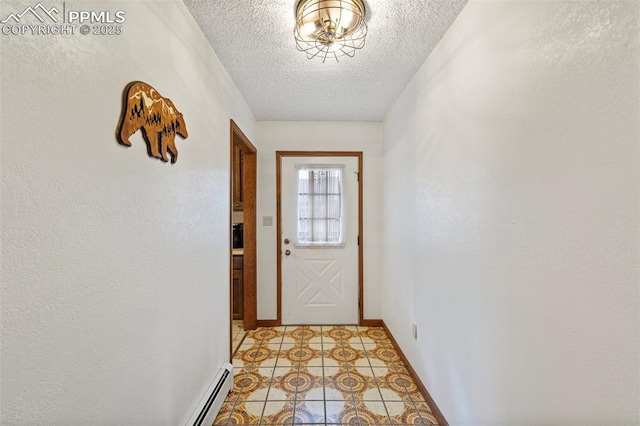 doorway with light tile patterned floors, a textured ceiling, and baseboard heating