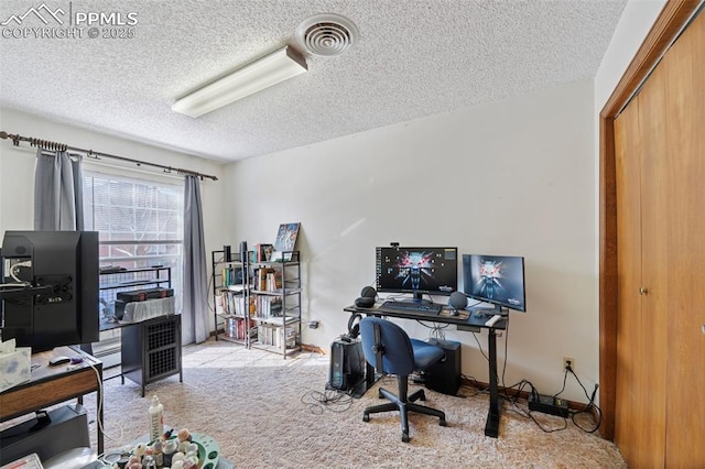 carpeted office space featuring a textured ceiling