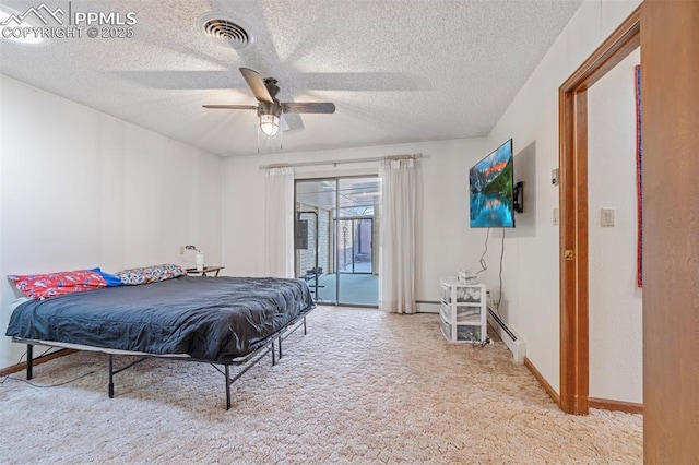 carpeted bedroom featuring a baseboard radiator, a textured ceiling, access to exterior, and ceiling fan