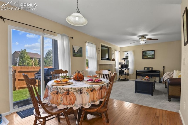 dining area featuring a tiled fireplace, wood-type flooring, and ceiling fan