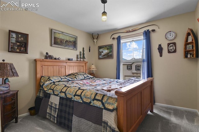 bedroom with dark colored carpet