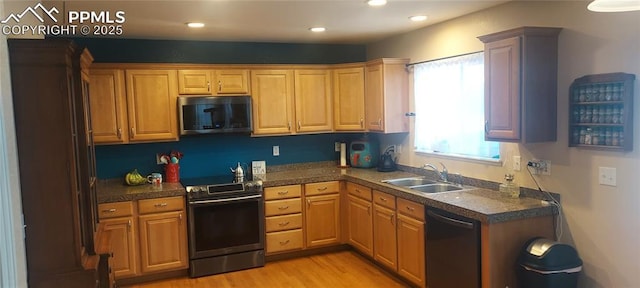 kitchen with light wood-type flooring, sink, and black appliances