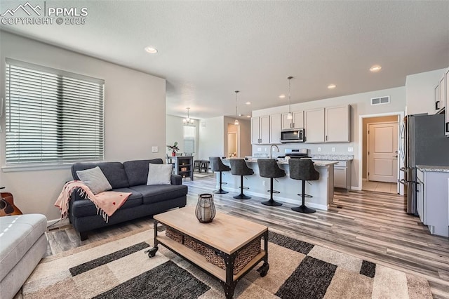 living room with sink and light hardwood / wood-style floors