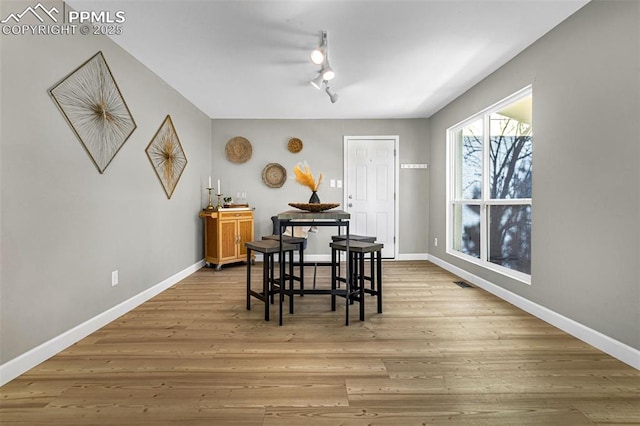 dining area featuring light hardwood / wood-style flooring and track lighting