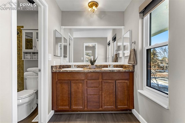 bathroom with hardwood / wood-style flooring, vanity, and toilet