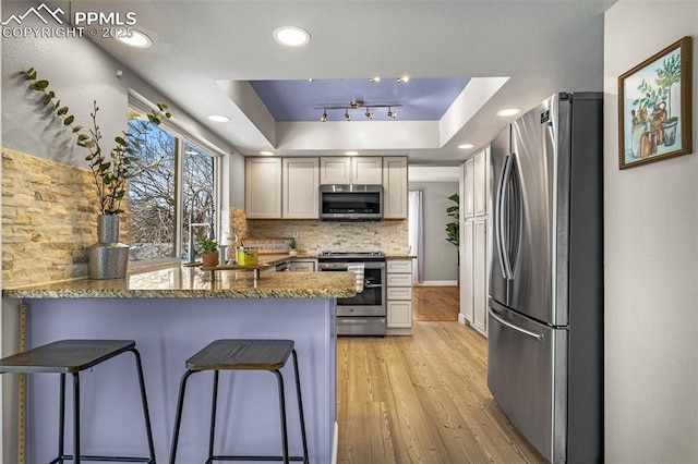 kitchen featuring kitchen peninsula, stainless steel appliances, a breakfast bar, and a raised ceiling