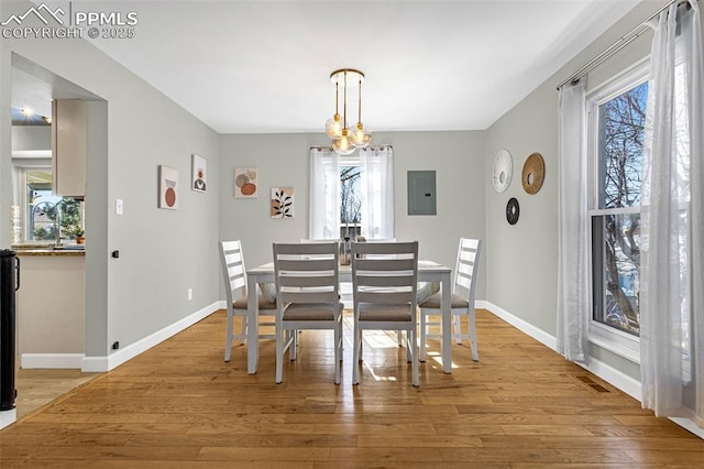 dining space featuring a chandelier, electric panel, and light hardwood / wood-style floors