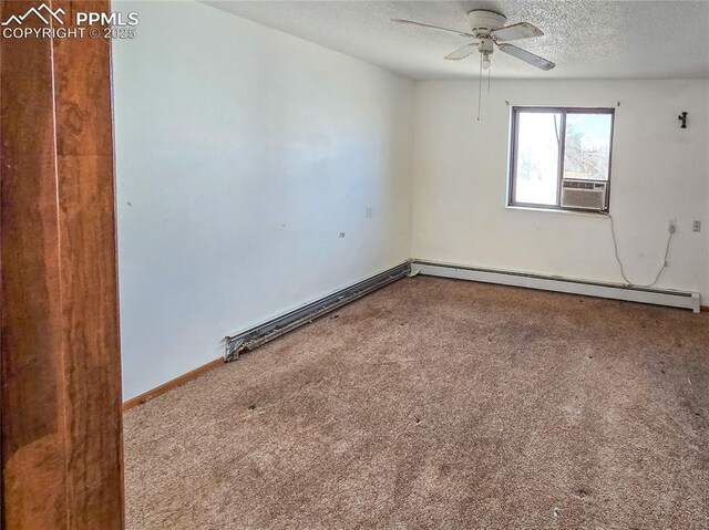 unfurnished room featuring a textured ceiling, baseboard heating, cooling unit, ceiling fan, and carpet