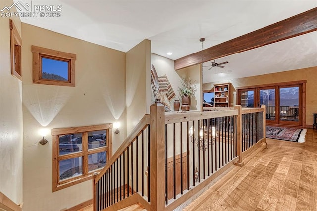 201 Fox Mountain Dr, Woodland Park, CO 80863 - hall with light hardwood / wood-style flooring and beamed ceiling