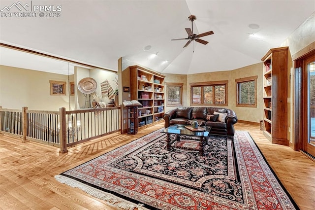 201 Fox Mountain Dr, Woodland Park, CO 80863 - living room featuring ceiling fan, high vaulted ceiling, and light hardwood / wood-style flooring