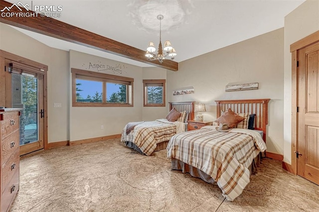 201 Fox Mountain Dr, Woodland Park, CO 80863 - bedroom featuring a chandelier, access to outside, and beam ceiling