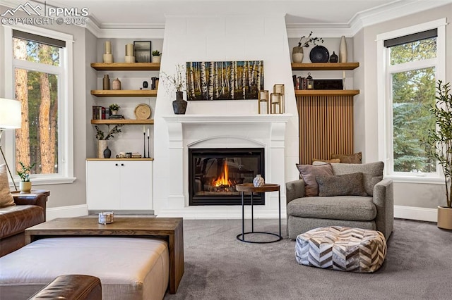 sitting room with crown molding, built in shelves, and carpet