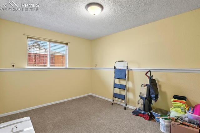 workout room with carpet flooring and a textured ceiling