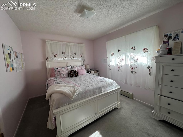 carpeted bedroom with a baseboard radiator and a textured ceiling