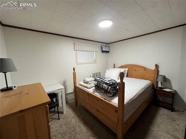 bedroom featuring crown molding, dark carpet, a baseboard radiator, and an AC wall unit