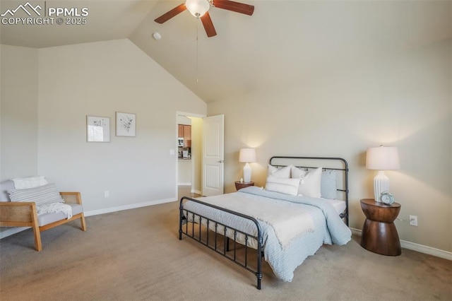 carpeted bedroom featuring high vaulted ceiling and ceiling fan