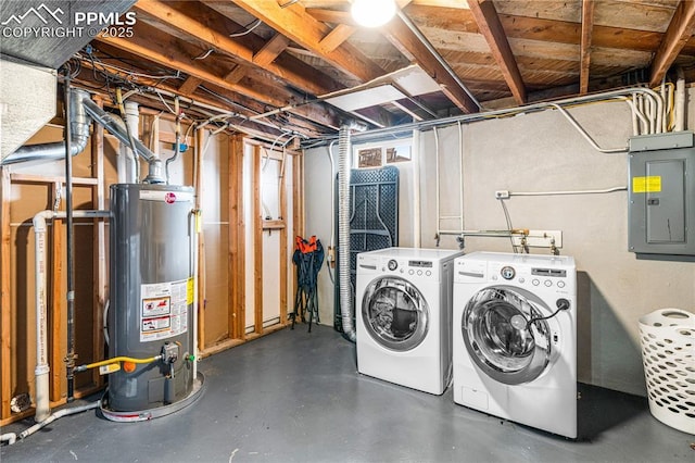 washroom with gas water heater, washing machine and dryer, and electric panel