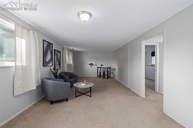 living area featuring light colored carpet and a textured ceiling