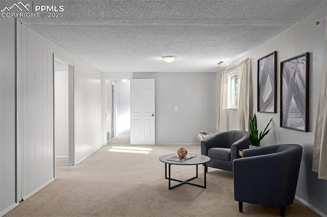 living room featuring carpet flooring and a textured ceiling